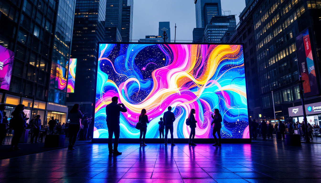 A photograph of a vibrant led display in an urban setting