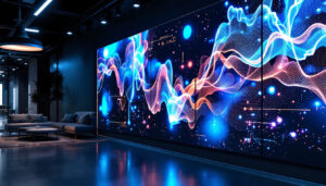 A photograph of an interior space featuring a sleek led wall display