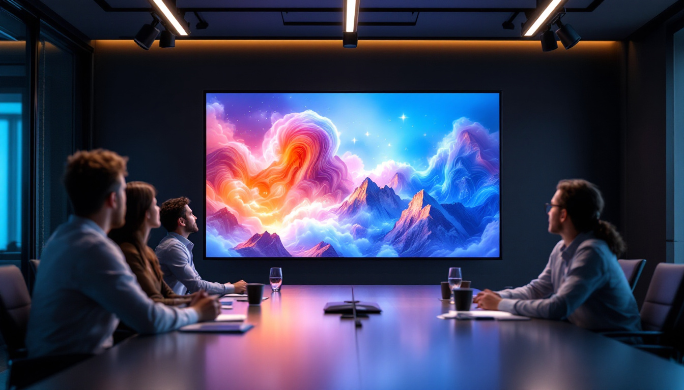 A photograph of a modern conference room featuring a large led display in use