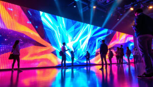 A photograph of a vibrant led display in a dynamic setting