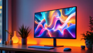 A photograph of a sleek 30-inch led monitor displaying vibrant graphics or a visually engaging interface