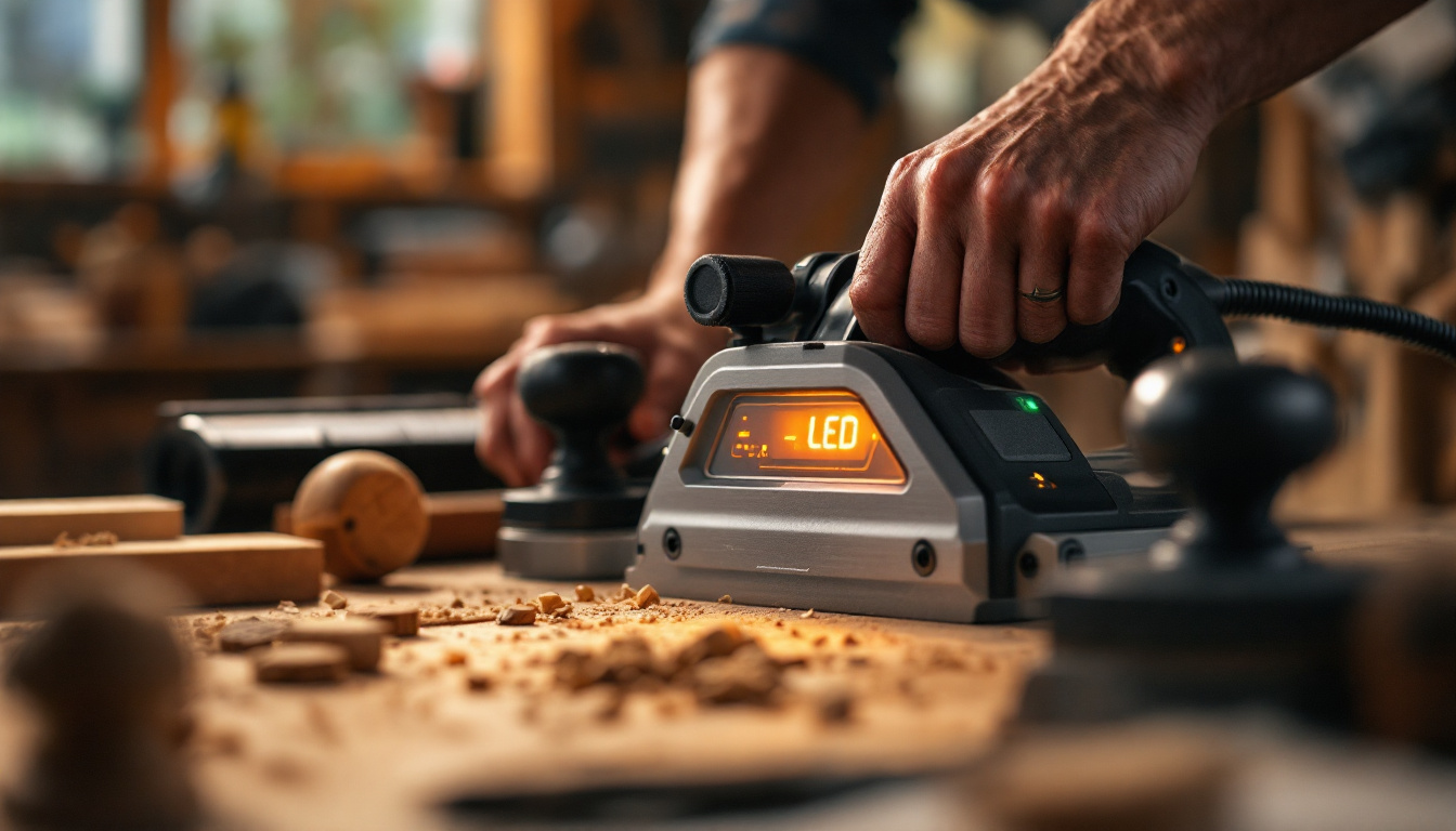 A photograph of a high-quality hand planer with an led display in action