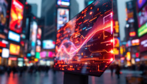 A photograph of a vibrant led display showcasing dynamic graphics or information in a bustling urban environment