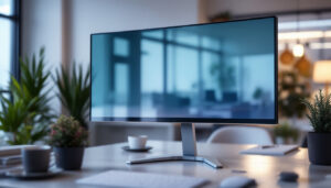 A photograph of a modern indoor workspace featuring a sleek led display with a privacy screen