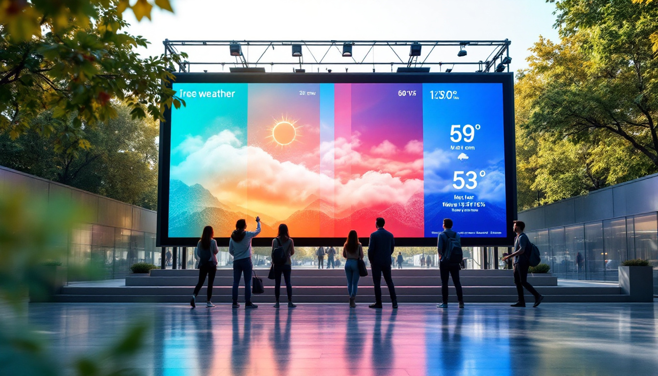 A photograph of a vibrant led display showcasing real-time weather information