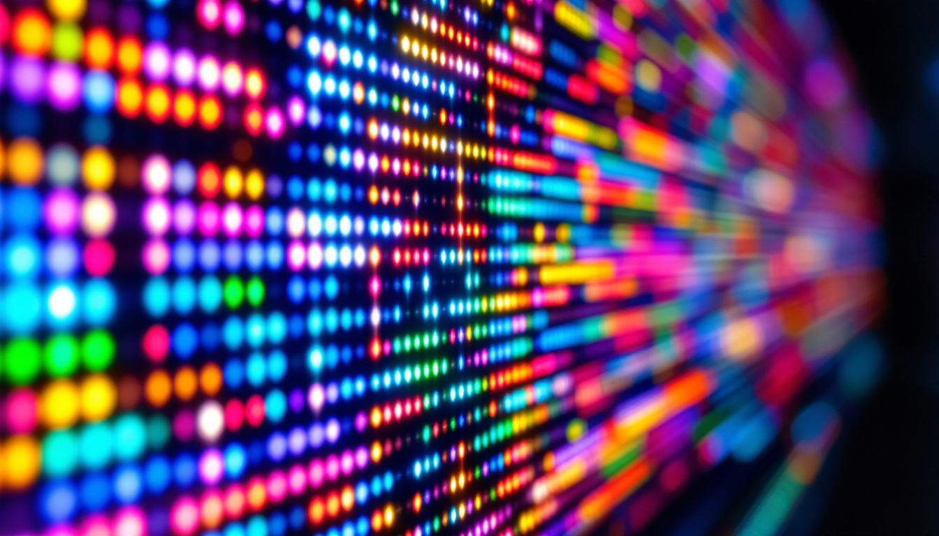 A photograph of a close-up shot of a vibrant led display in action