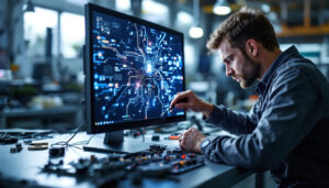 A photograph of a technician skillfully repairing an lcd monitor