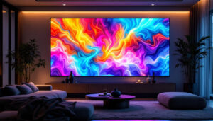 A photograph of a stylish living room featuring a large led wall display showcasing vibrant artwork