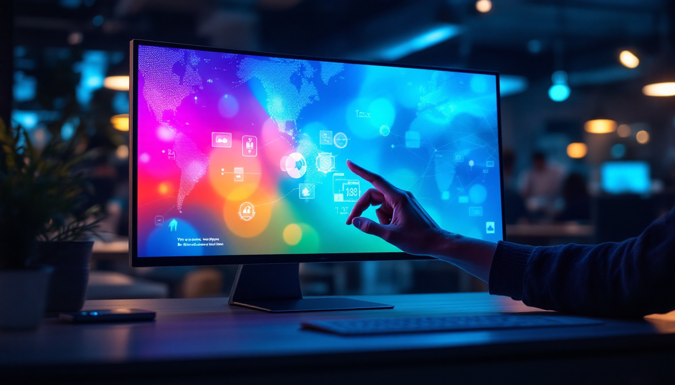 A photograph of a sleek desktop touchscreen led display in a modern workspace