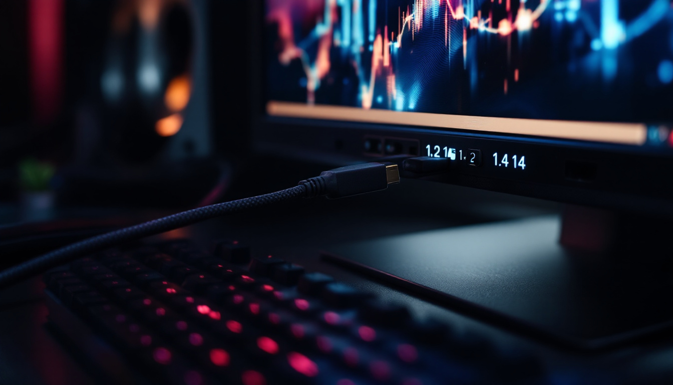 A photograph of a close-up view of a computer setup showcasing both displayport 1.2 and 1.4 cables connected to a high-resolution led display