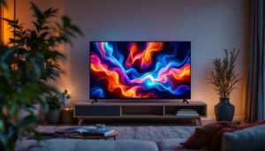 A photograph of a sleek 16-inch led television displaying vibrant colors and sharp images