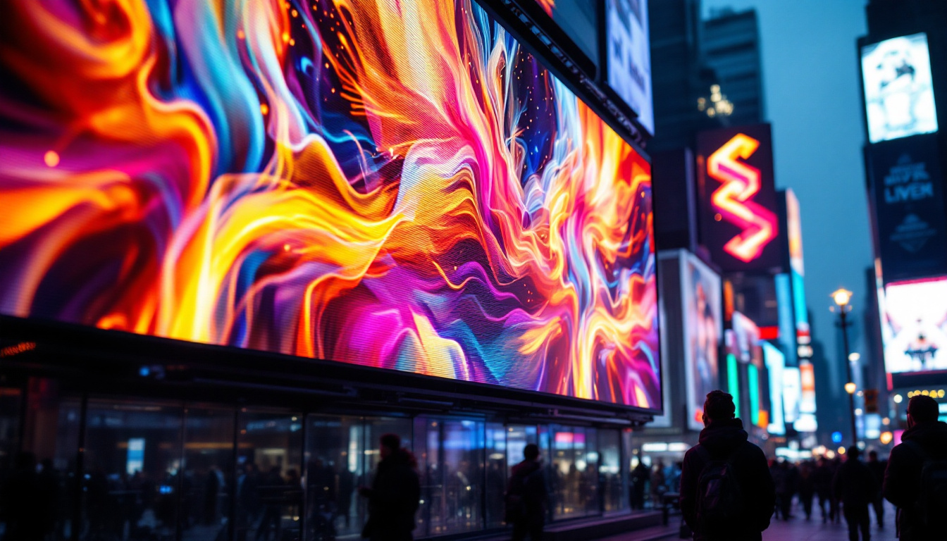 A photograph of a vibrant led display showcasing dynamic visuals and colors in an urban setting