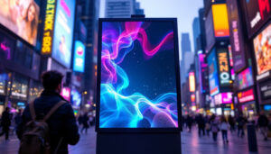 A photograph of a vibrant and engaging led poster display in a bustling urban setting