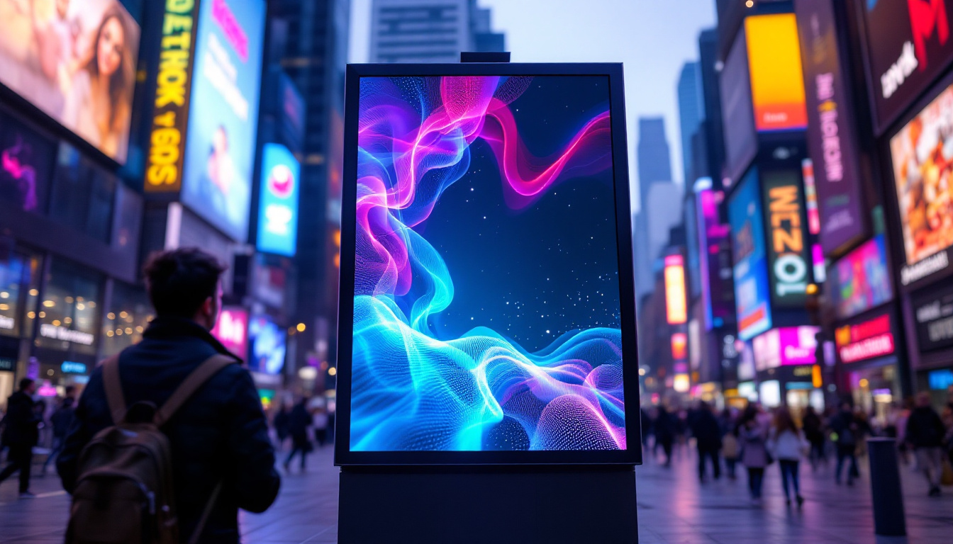A photograph of a vibrant and engaging led poster display in a bustling urban setting