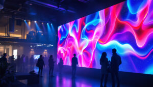 A photograph of a vibrant led display in a dynamic setting