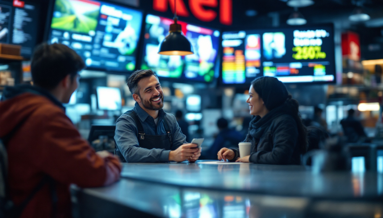 A photograph of a customer service representative at a rei store engaging with a customer