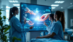 A photograph of a hospital environment showcasing a vibrant led display screen in use