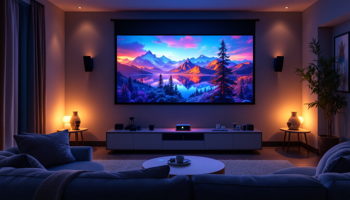 A photograph of a well-lit home theater setup featuring a projector displaying vibrant images on a wall painted in an optimal color for projection