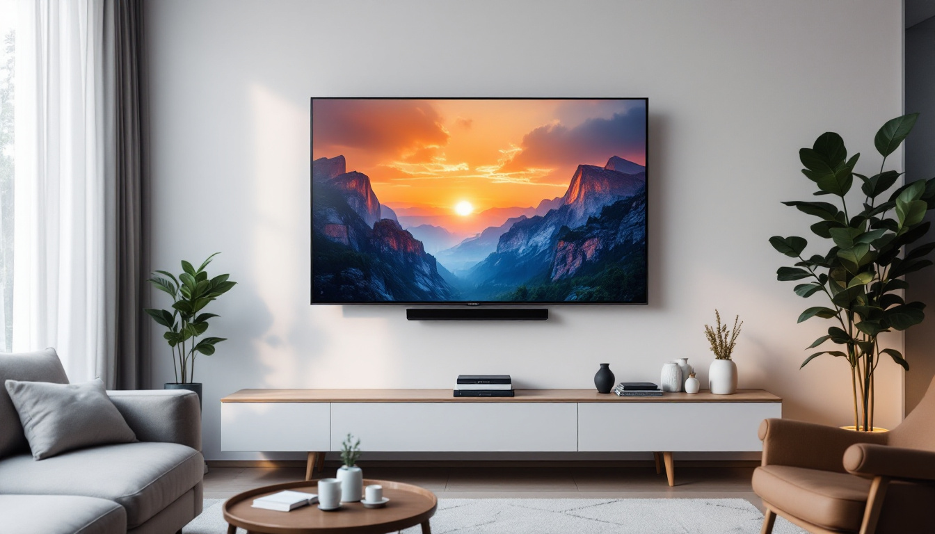 A photograph of a stylish living room featuring a mounted led tv on the wall