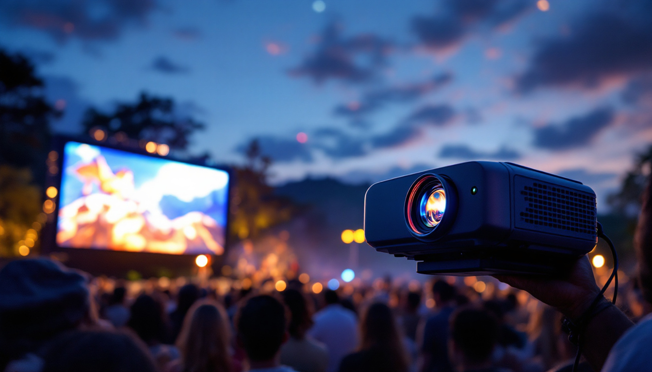 A photograph of a vibrant outdoor setting showcasing a high-quality led projector in use