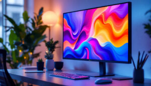 A photograph of a sleek all-in-one touch screen led display in a modern workspace