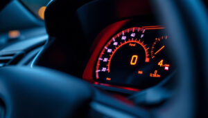 A photograph of a close-up shot of a tachometer's led display in a vehicle
