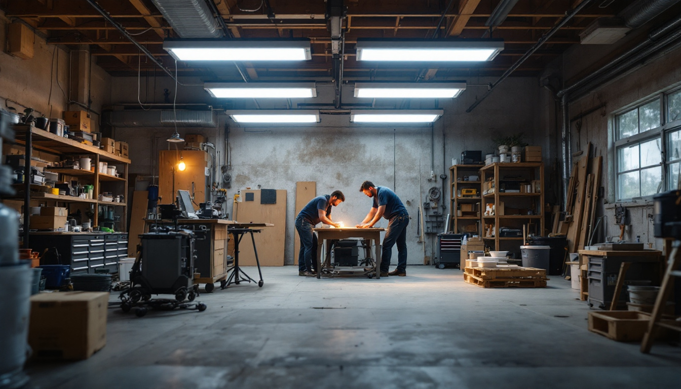 A photograph of a well-lit workshop or garage featuring an array of 8 ft led shop lights in use