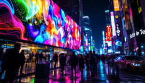 A photograph of a vibrant led display in a bustling urban environment at night