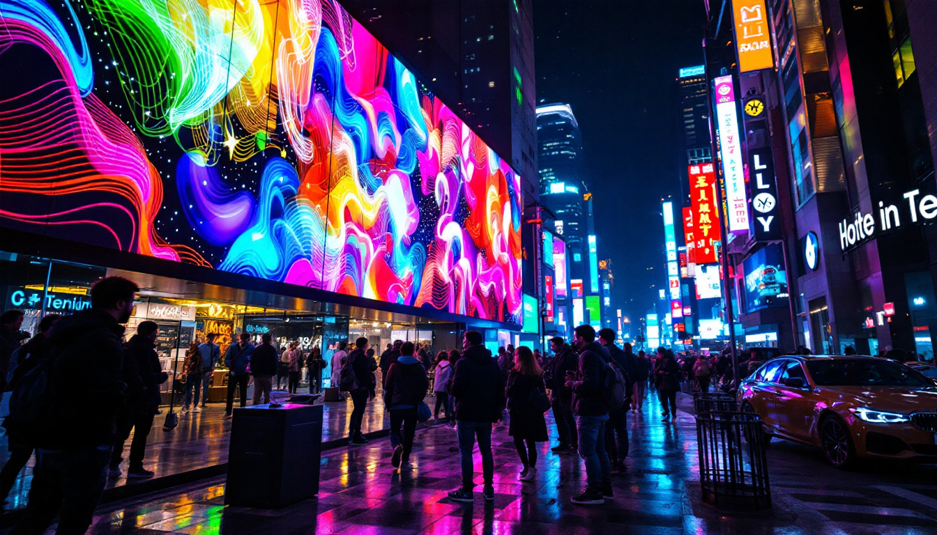 A photograph of a vibrant led display in a bustling urban environment at night