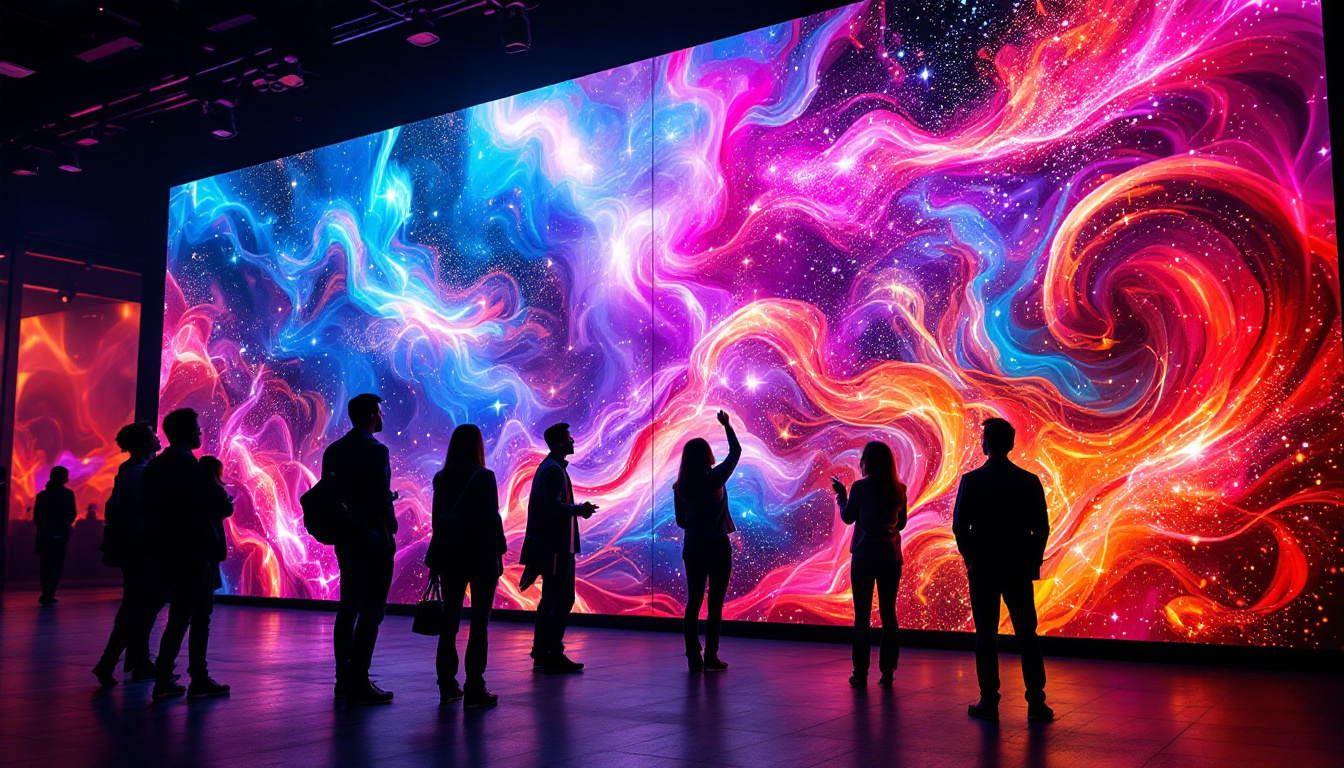 A photograph of a vibrant video wall displaying dynamic visuals