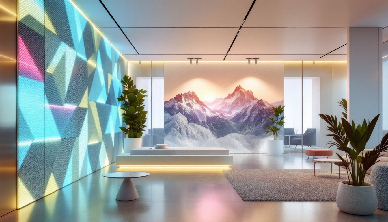 A photograph of a modern interior space featuring sound tiles on the walls