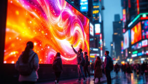 A photograph of a vibrant led display in an urban setting