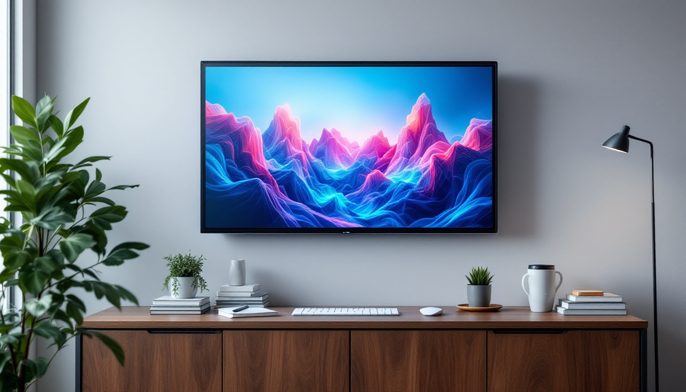 A photograph of a sleek wall-mounted led monitor displaying vibrant visuals in a modern workspace