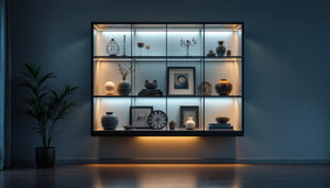 A photograph of a stylish wall-mounted curio cabinet illuminated by soft led lights