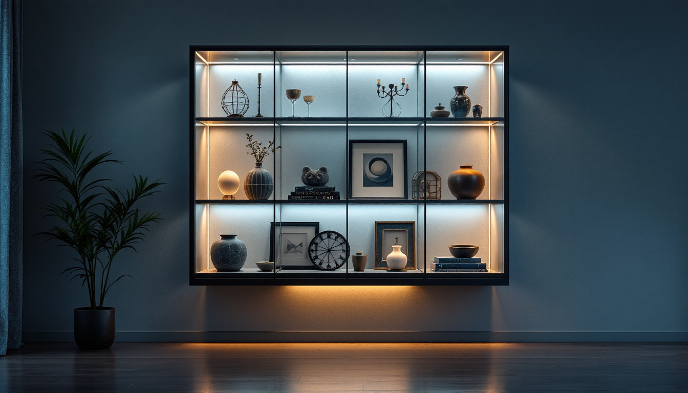 A photograph of a stylish wall-mounted curio cabinet illuminated by soft led lights