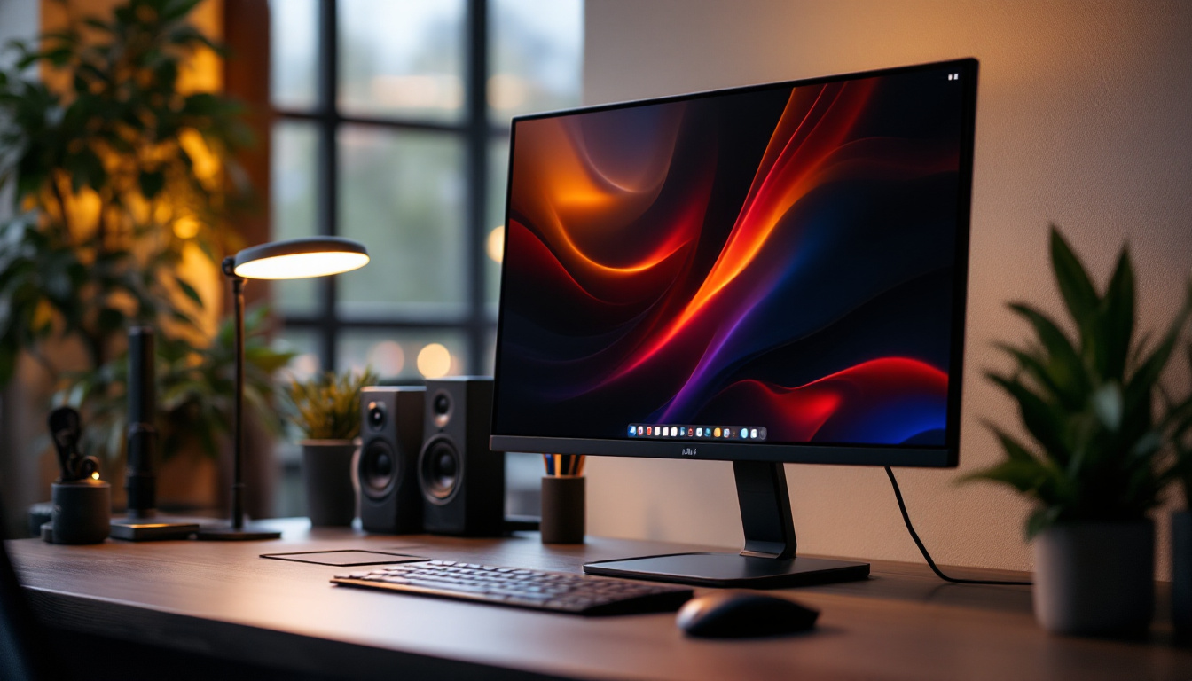 A photograph of a sleek and modern single computer monitor stand showcasing an led display