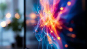 A photograph of a close-up view of an lcd display showing vibrant colors and images