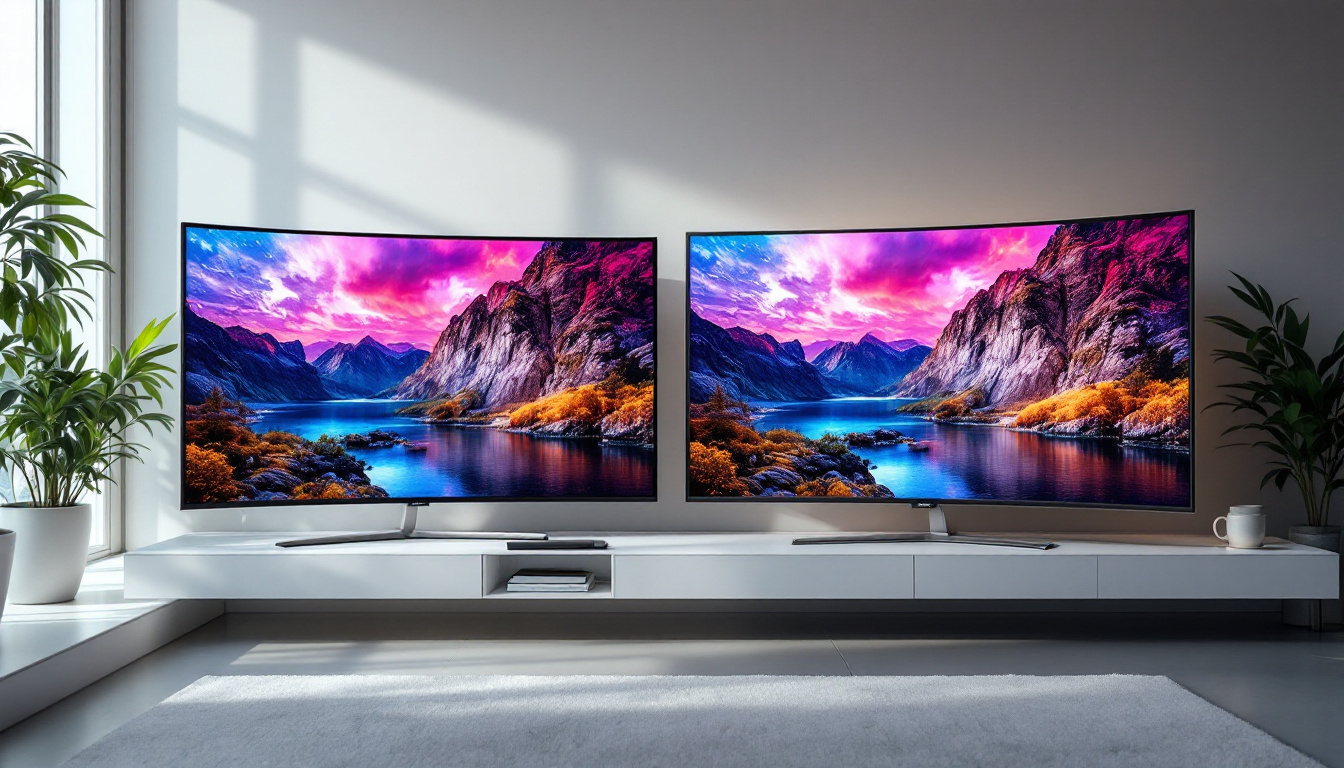A photograph of a side-by-side comparison of a curved led display and a flat led display in a well-lit environment