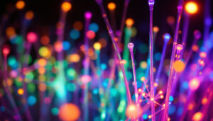 A photograph of a vibrant array of fiber optic lights in a dark setting