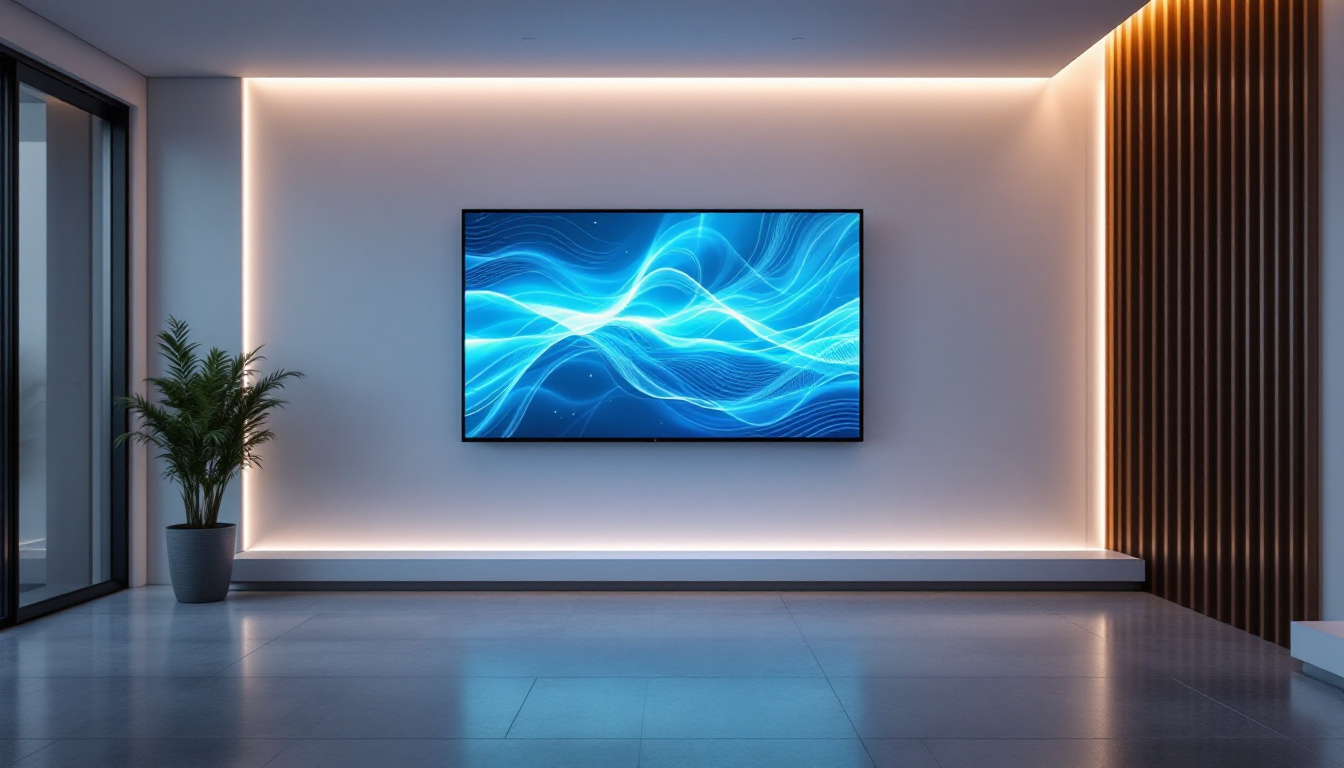 A photograph of a modern interior space featuring a wall-mounted led display integrated into a revit-designed wall