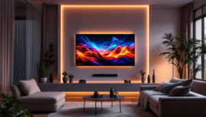 A photograph of a stylishly designed living room featuring a sleek