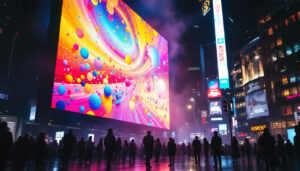 A photograph of a vibrant led display in a bustling urban setting