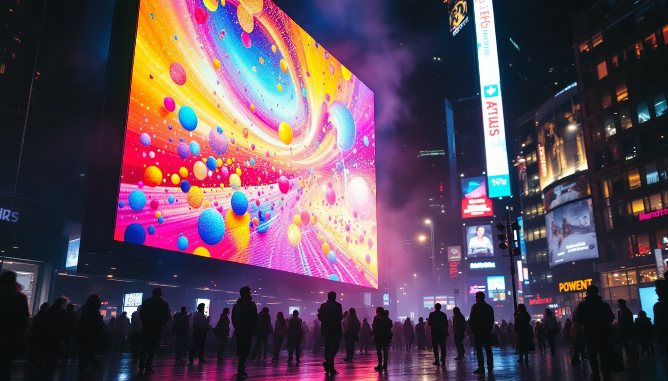 A photograph of a vibrant led display in a bustling urban setting