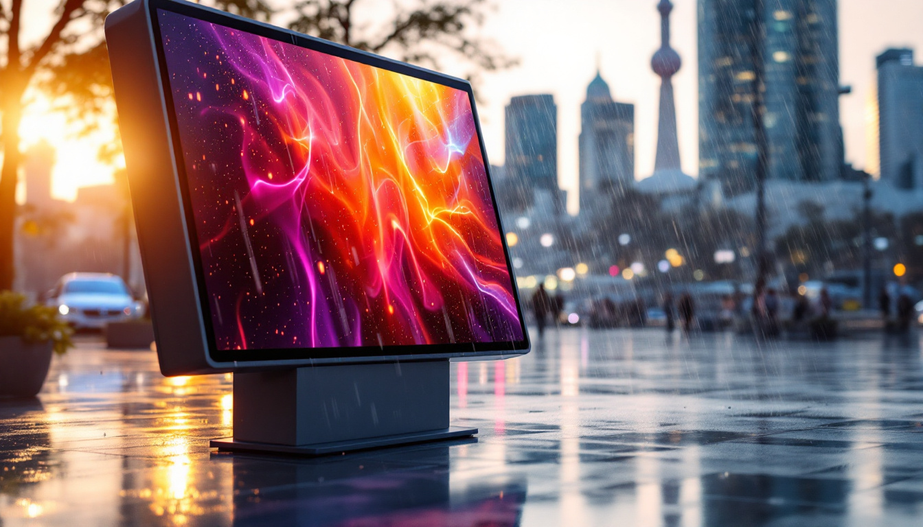 A photograph of a vibrant outdoor setting showcasing a weatherproof led display in action