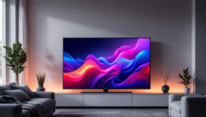 A photograph of a sleek 42-inch led lcd television displaying vibrant colors and sharp images