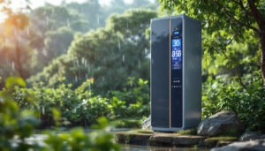 A photograph of a waterproof outdoor vertical storage cabinet with an led display in a natural outdoor setting