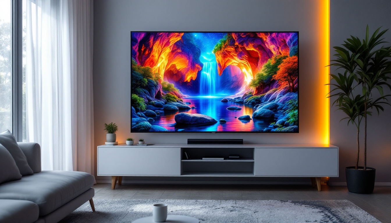 A photograph of a sleek led lcd tv displaying vibrant colors and sharp images in a modern living room setting