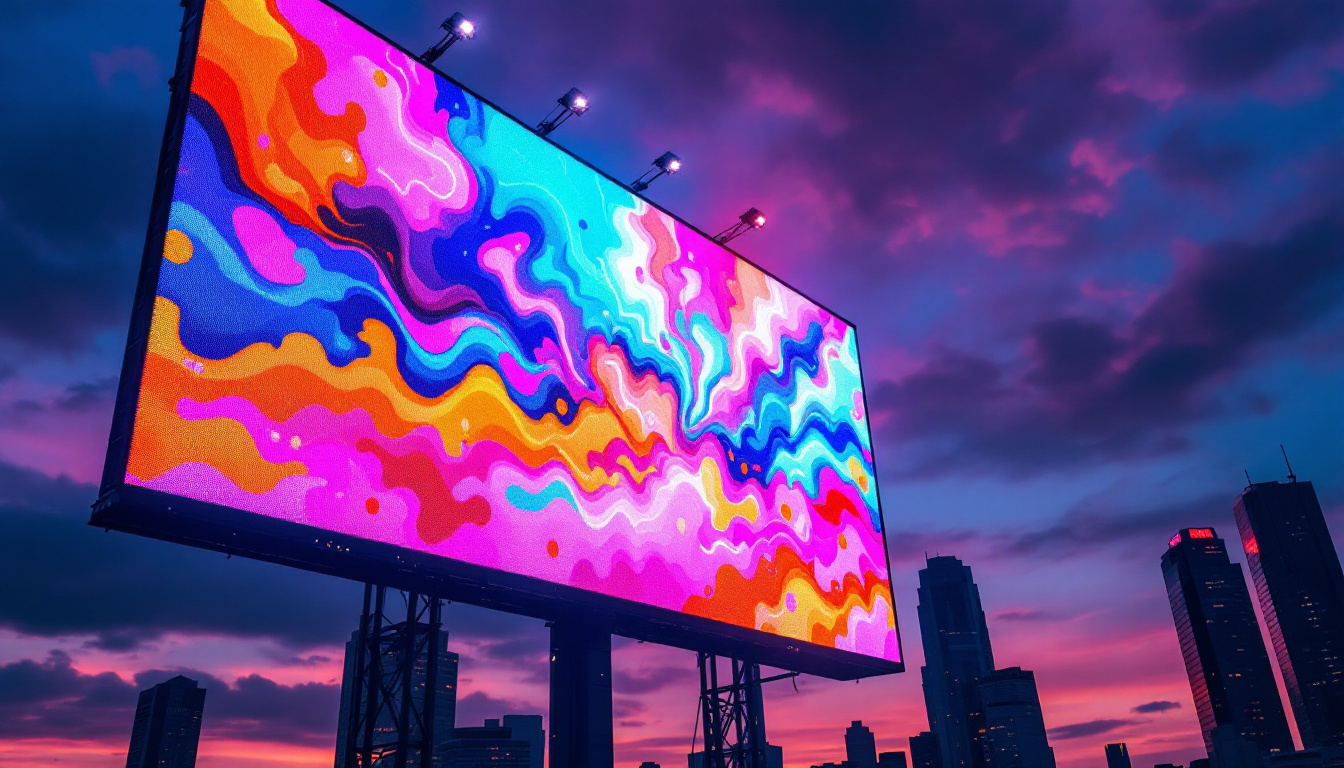 A photograph of a vibrant led display at dusk