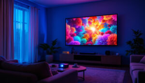 A photograph of a cozy home theater setup featuring a projector displaying vibrant images on a wall painted in an optimal color