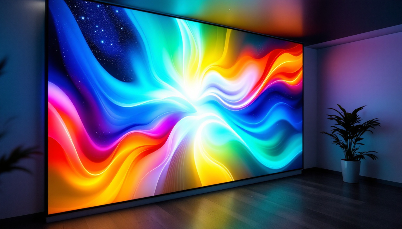 A photograph of capture a photograph of a vibrant led wall display showcasing a dynamic logo in a modern setting
